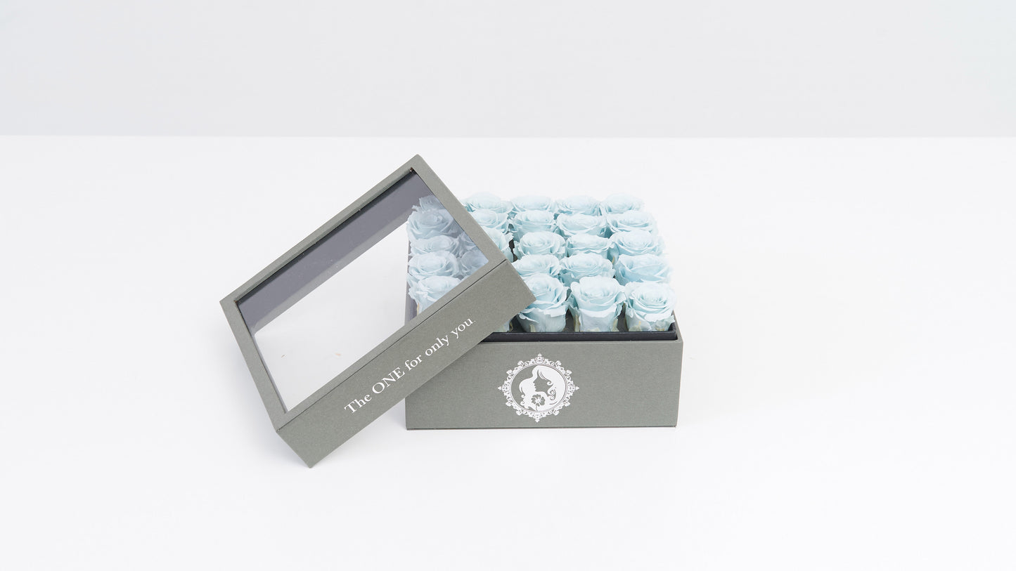 Preserved Small Square Box Icy Blue Roses