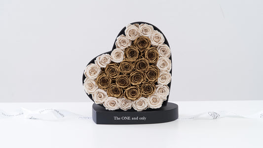 Preserved Small Heart Box White and Gold Roses