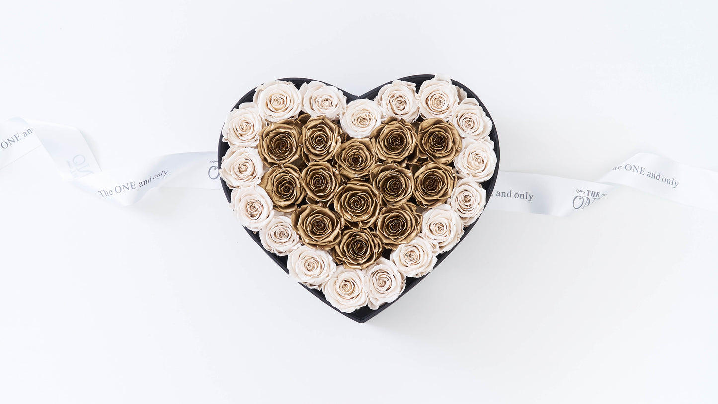Preserved Small Heart Box White and Gold Roses