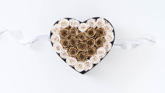 Preserved Small Heart Box White and Gold Roses