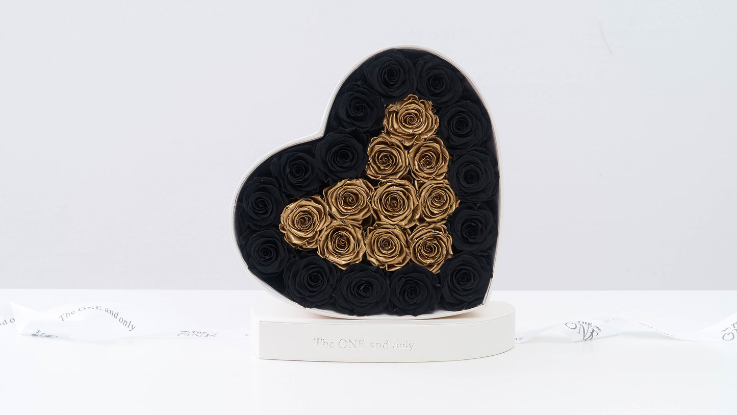 Preserved Small Heart Box Black and Gold Roses