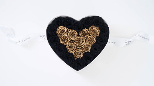 Preserved Small Heart Box Black and Gold Roses