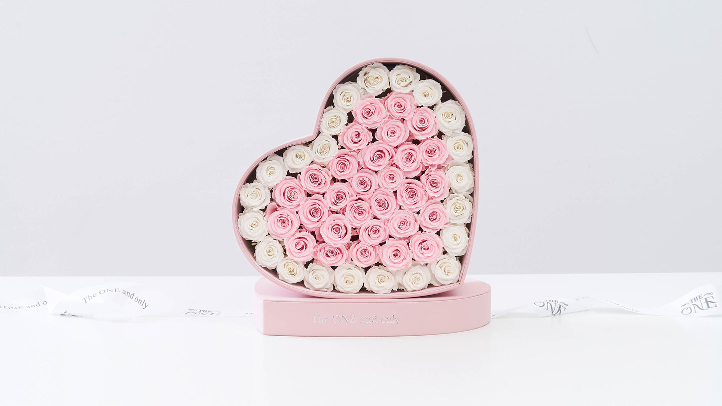 Preserved Small Heart Box White and Pink Roses