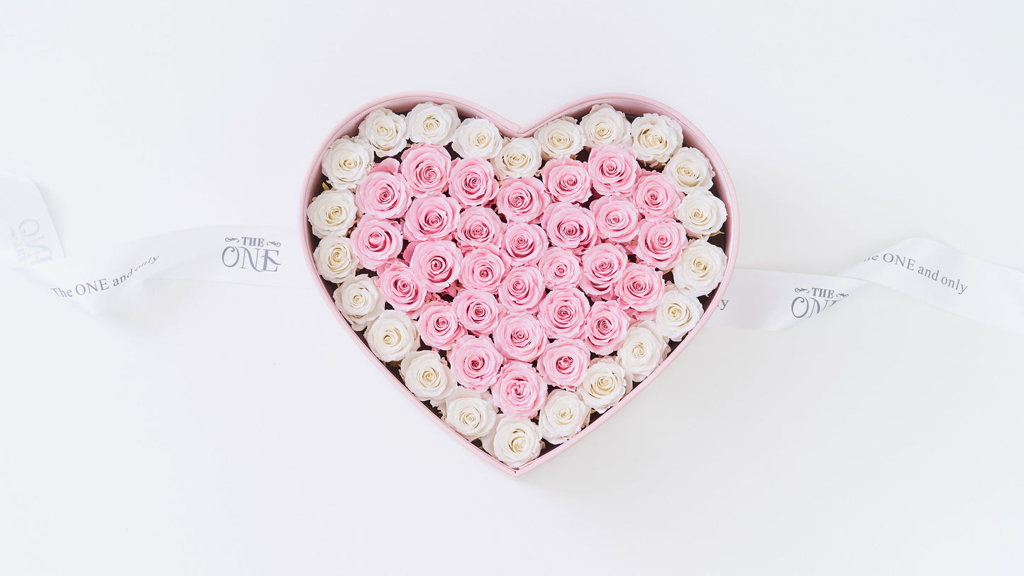 Preserved Small Heart Box White and Pink Roses