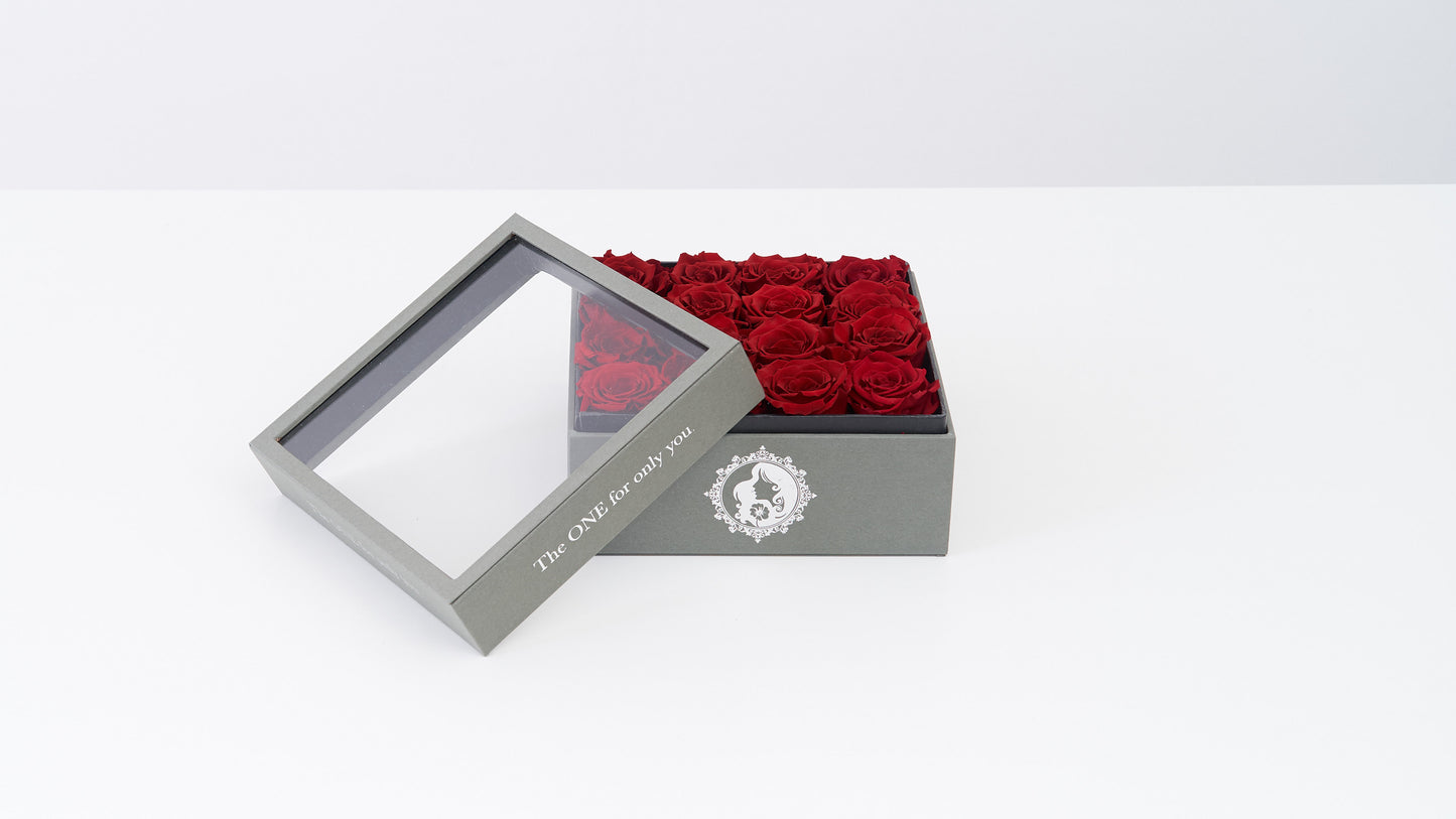 Preserved Small Square Box Red Roses