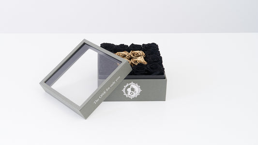 Preserved Small Square Box Black and Gold Roses