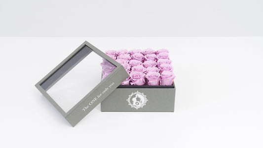 Preserved Small Square Box Lavender Roses