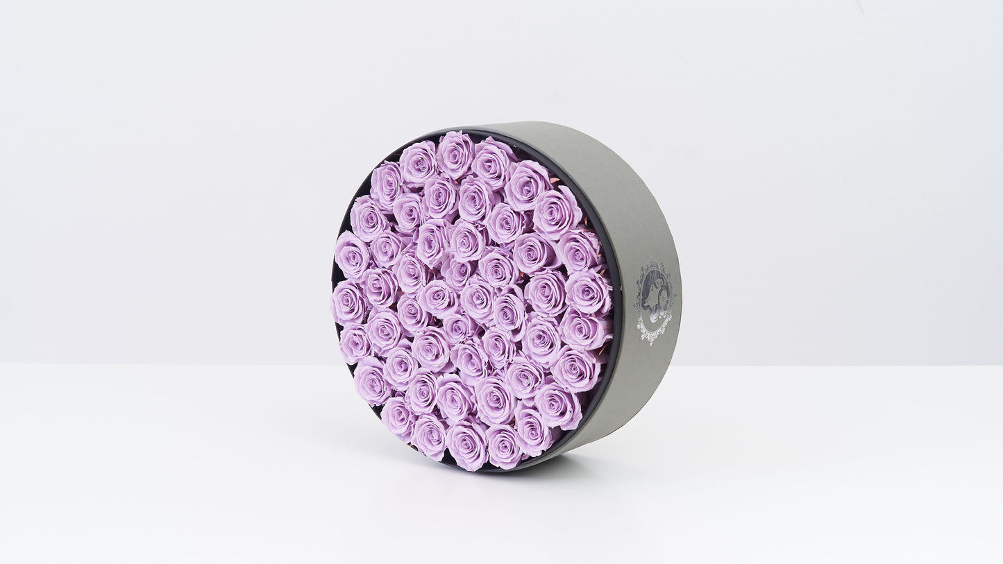 Preserved Large Round Box Purple Roses