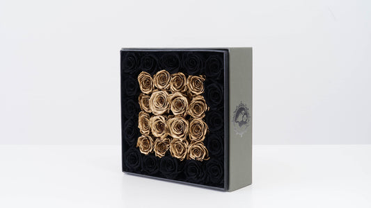 Preserved Large Square Box Black and Gold Roses