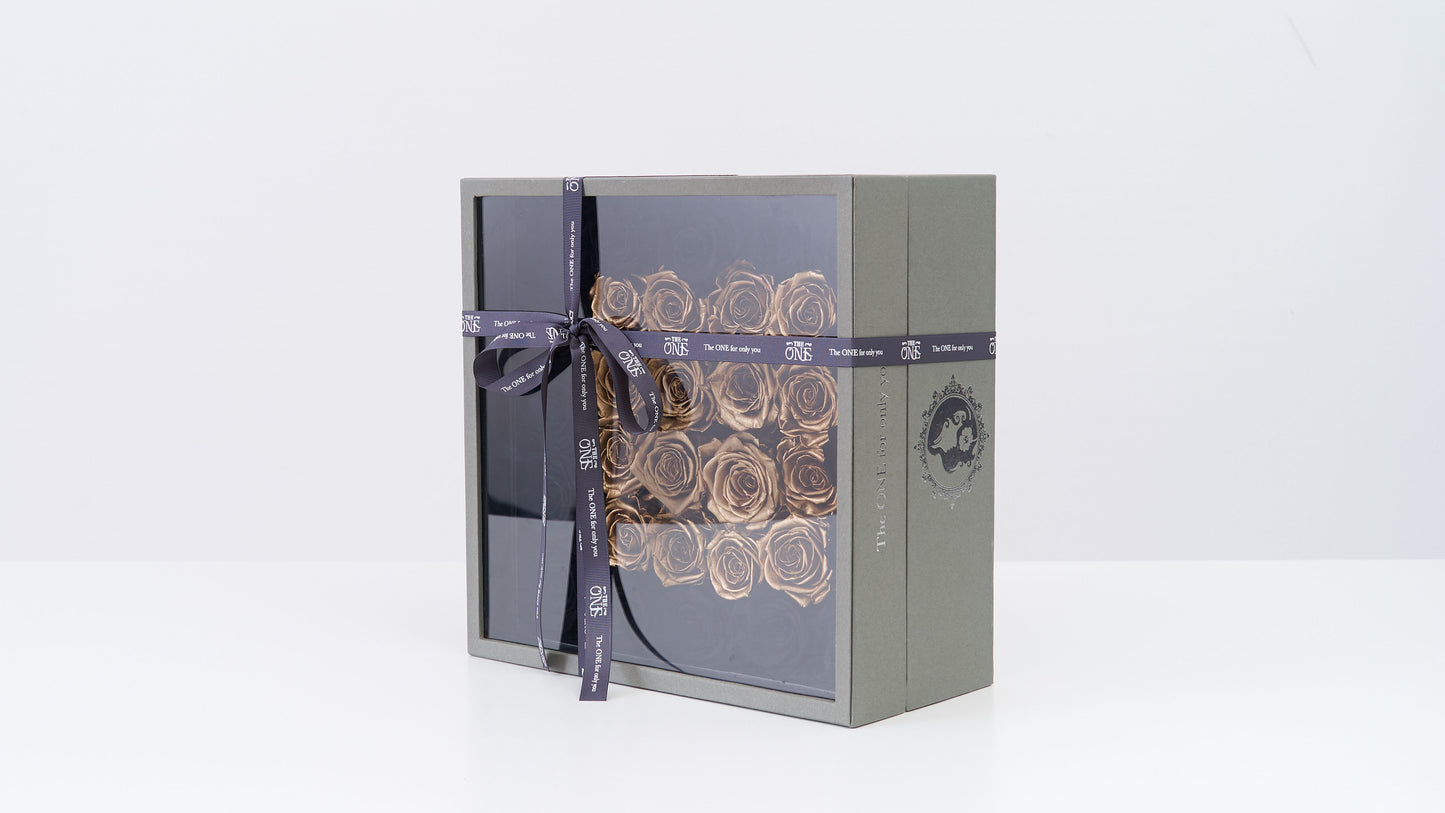 Preserved Large Square Box Black and Gold Roses