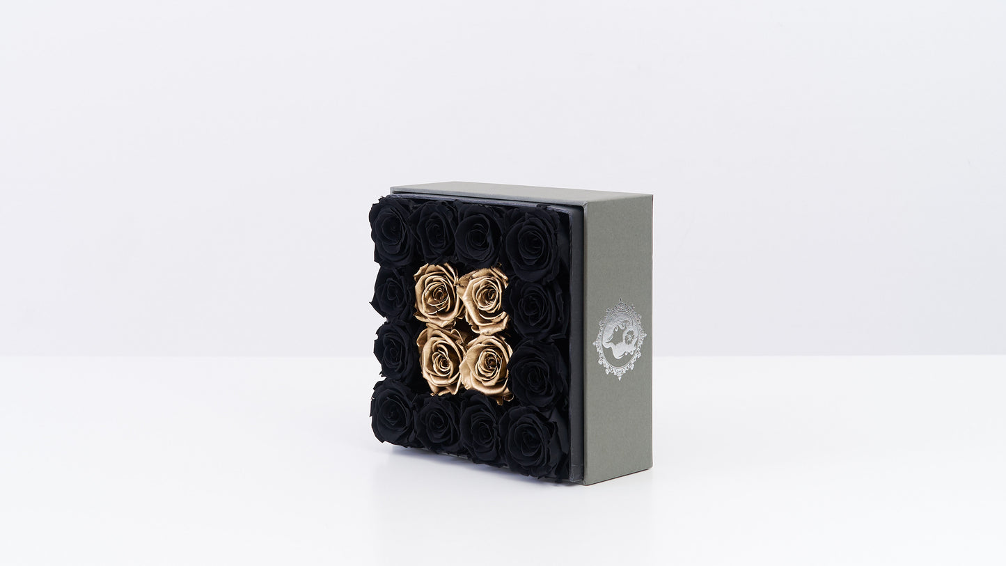 Preserved Small Square Box Black and Gold Roses